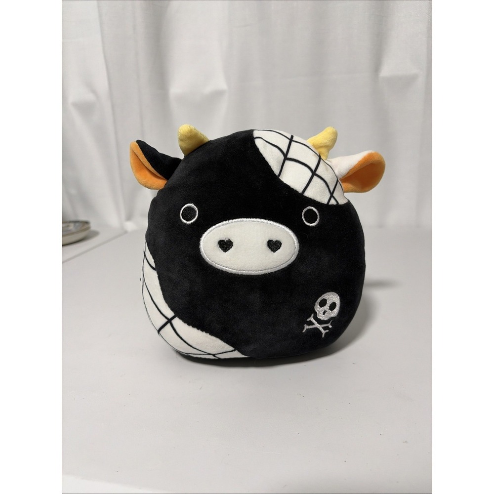Halloween Cow Plush Black White Skull Squishmallow Style Stuffed 7” No Tag